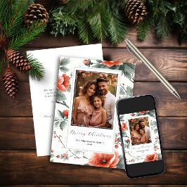 Rosa vintage blommig platt julkort med foto