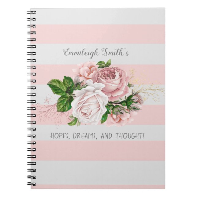 Rosa Vintage Blommig Randig Dagbok Journal Anteckningsbok (Framsidan)