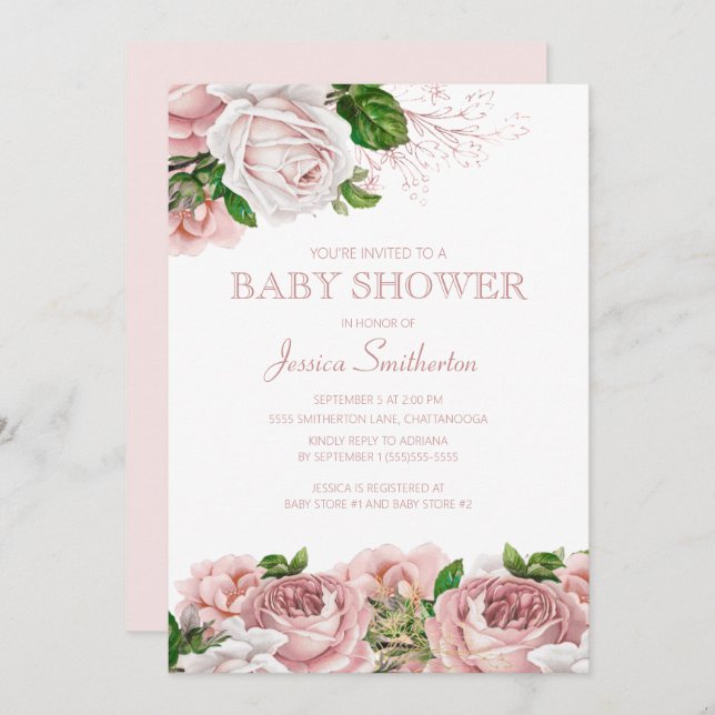  Rosa Vintage Blommigt Flicka Baby Shower Inbjudningar (Fram/baksida)