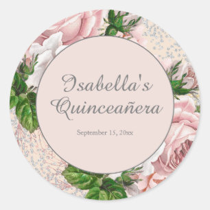  Rosa Vintage Blommigt Glitter Quinceañera    Runt Klistermärke