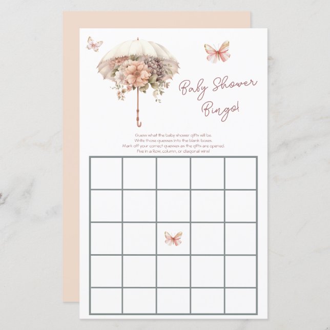 Rosa Vintage Blommigt Paraplla Baby Shower Bingo (Fram/baksida)