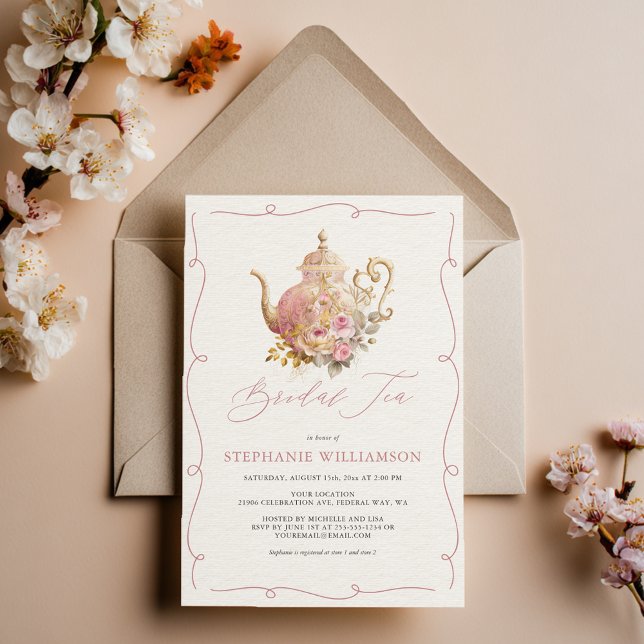 Rosa vintage blomstertepotte bröllopsdusch teparty inbjudningar (Blush Pink Vintage Floral Teapot Bridal Shower Tea Invitation)