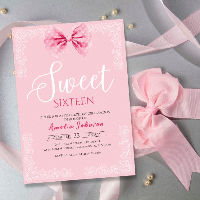  Rosa vintage Bow-Sweet sixteen Inbjudningar (Skapare uppladdad)