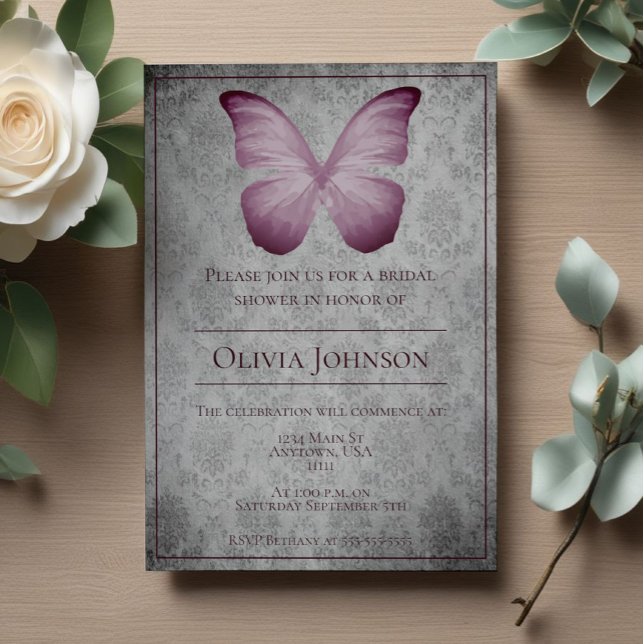 Rosa Vintage Butterfly Damask Möhippa Inbjudningar (Pink Vintage Butterfly Damask Bridal Shower Invitation)