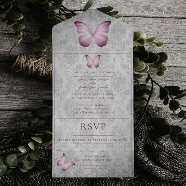 Rosa Vintage Butterfly Damask Wedding (Pink Vintage Butterfly Damask Wedding All in One Invitation)