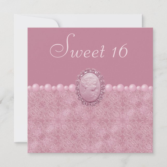 Rosa Vintage Cameo & Pearls Sweet 16 Inbjudningar (Framsida)