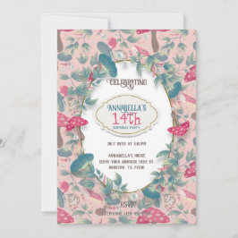 Rosa Vintage Cottagecore Svamp Födelsedag Inbjudningar