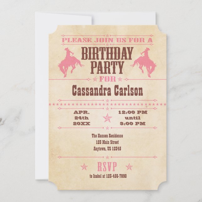 Rosa Vintage Cowboy Birthday-inbjudan Inbjudningar (Framsida)