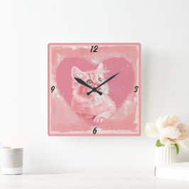Rosa Vintage Cute Kitten Heart Square Wall Clock Fyrkantig Klocka