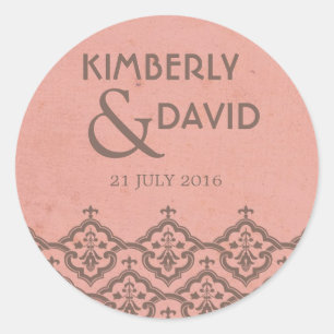 Rosa Vintage Damask Wedding Label Runt Klistermärke