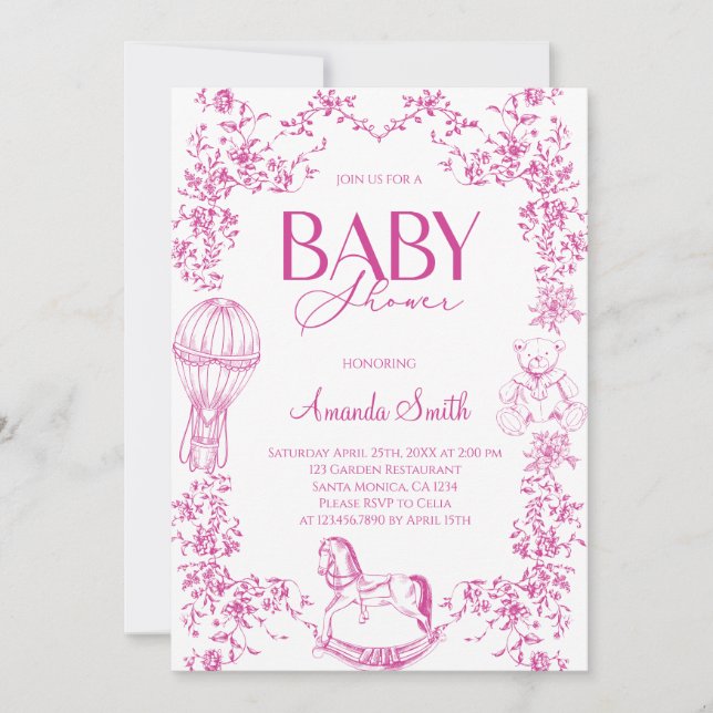 Rosa Vintage Elegant Blommig Bebis Shower Inbjudningar (Framsida)