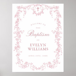 Rosa Vintage Elegant Blommig Dop Välkomstaffisch Poster