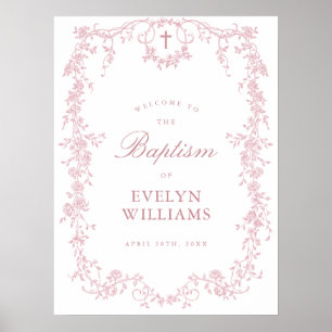 Rosa Vintage Elegant Blommig Dop Välkomstaffisch Poster