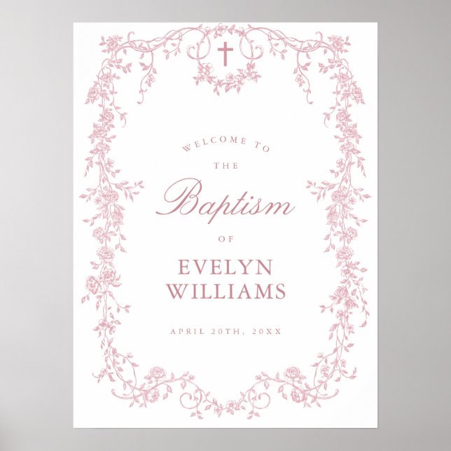 Rosa Vintage Elegant Blommig Dop Välkomstaffisch Poster (Framsidan)
