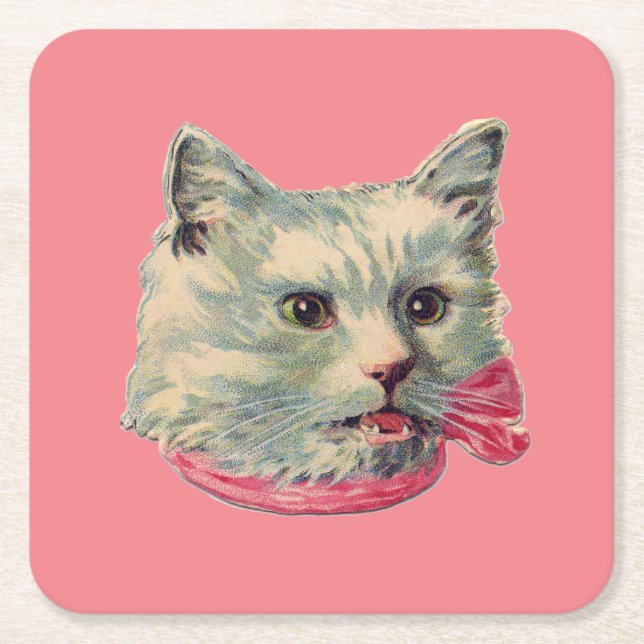 Rosa Vintage Finare Cat Papper Underlägg Kvadrat (Framsidan)