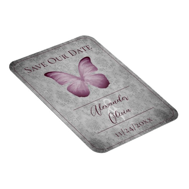 Rosa Vintage Fjäril Damask Spara Datum Magnet (Högersidan)