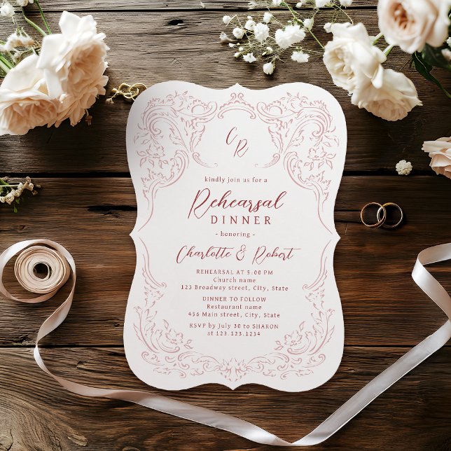 Rosa Vintage Flourish Monogram Rehearsal Middag Inbjudningar (Pink Vintage Flourish Monogram Rehearsal Dinner Invitation)