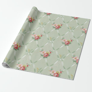 Rosa Vintage Flowers on Grönt Ribbon Trellis Presentpapper