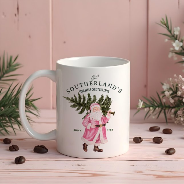 Rosa Vintage jul Jultomten Farm Färsk Träd Kaffemugg (Pink Christmas Vintage Santa Claus Farm Fresh Tree Coffee Mug)