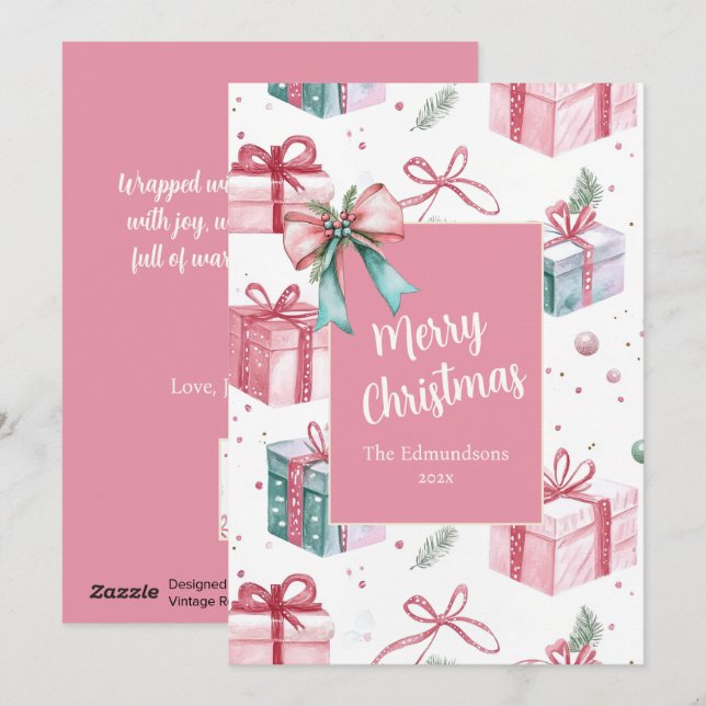 Rosa vintage julpresentförpackningar Holiday Card Julkort (Fram/baksida)