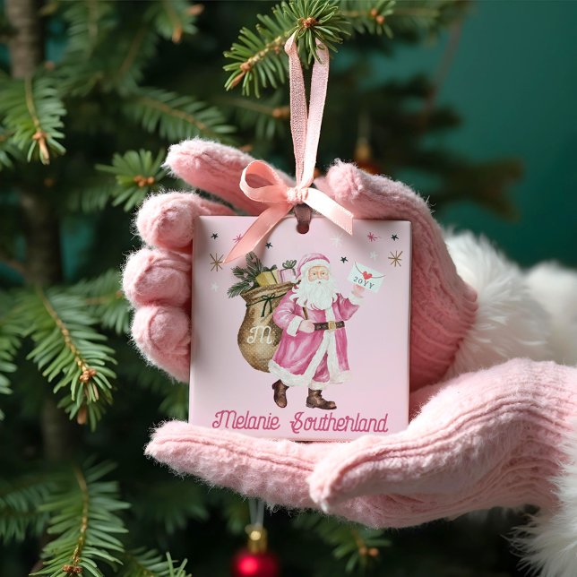 Rosa Vintage Jultomten Brev Julgransprydnad Keramik (Pink Christmas Retro Vintage Santa Claus Letter Ceramic Ornament)