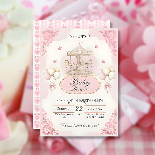 Rosa Vintage Karousel - Babykläder inbjudan (pink-pony-carousel-vintage-girl-baby-shower-invitation)