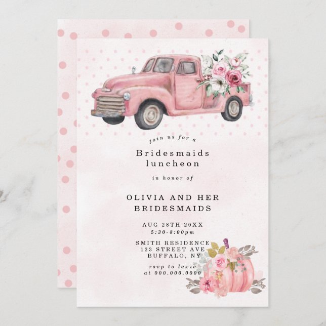 Rosa Vintage Lastbil Bridesmaids Luncheon Inbjudni (Fram/baksida)