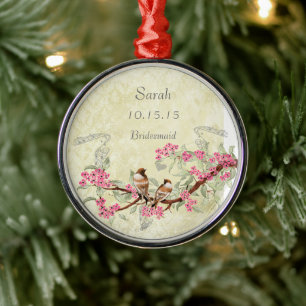 Rosa Vintage Love birds Maid of honor Bröllop Julgransprydnad Metall