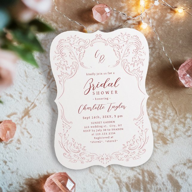 Rosa Vintage Möhippa av blommande monogram Inbjudningar (Pink Vintage Flourish Monogram Bridal Shower Invitation)