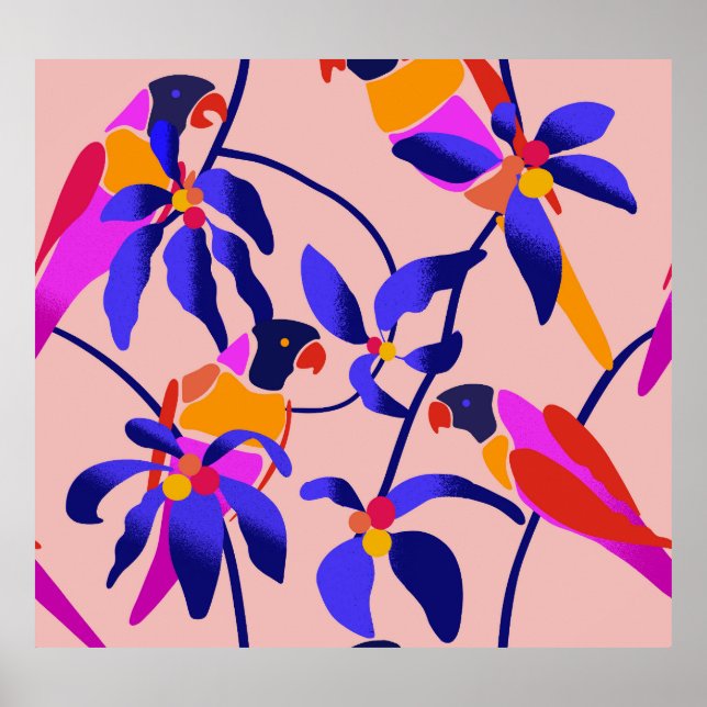 Rosa Vintage Parrots: Exotisk, sömlös illustration Poster (Framsidan)