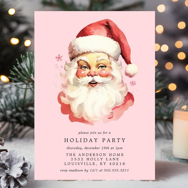Rosa Vintage Retro Tomte Julfest Inbjudningar (Skapare uppladdad)