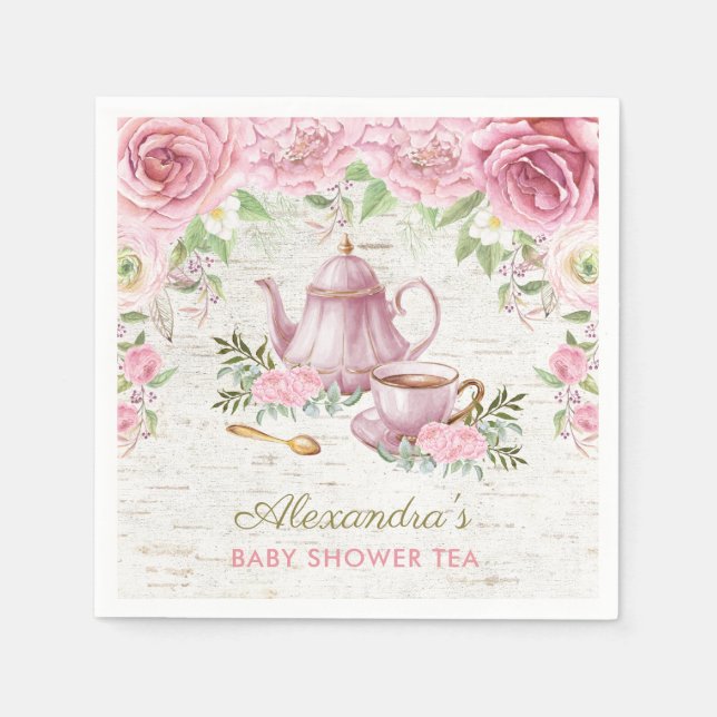 Rosa Vintage Ro Baby Tea Party Pappersservett (Framsidan)