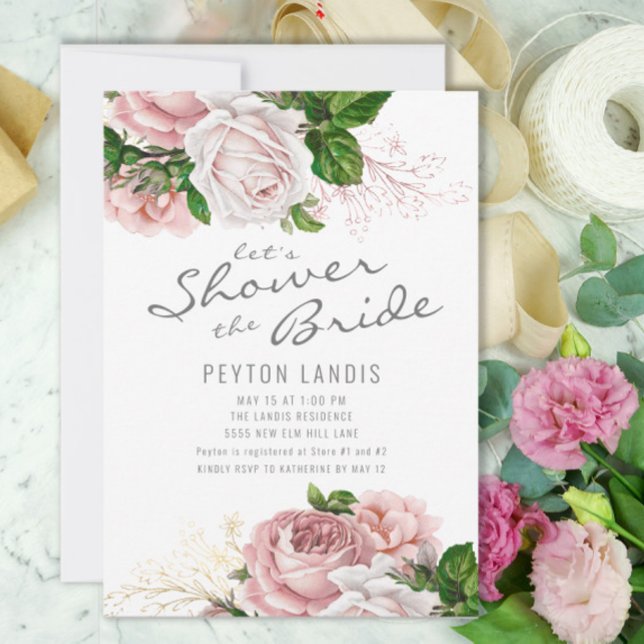 Rosa Vintage Ro Blommigt White Möhippa Inbjudningar (Elegant pink vintage roses bridal shower invitation)