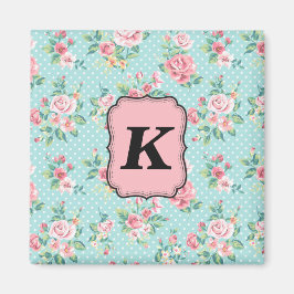 Rosa Vintage Ro Mönster med Monogram Magnet