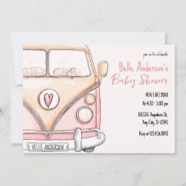 Rosa vintage skåpbil baby shower inbjudningar
