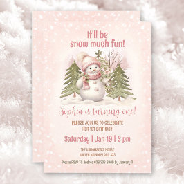 Rosa Vintage Snögubbe Girl Winter 1st Birthday Inbjudningar