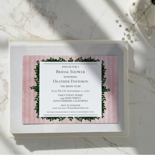 Rosa Vintage Stripe Foliage Möhippa Inbjudan (Pink Vintage Striped Foliage Bridal Shower Invite)