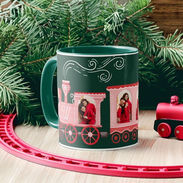 Rosa Vintage Tåg Julgran Leveransfoto för Mugg (Pink Vintage Train Christmas Tree Delivery Photo Mug)