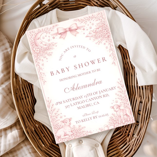 Rosa vintage toile lamm babyshower inbjudningar (Skapare uppladdad)