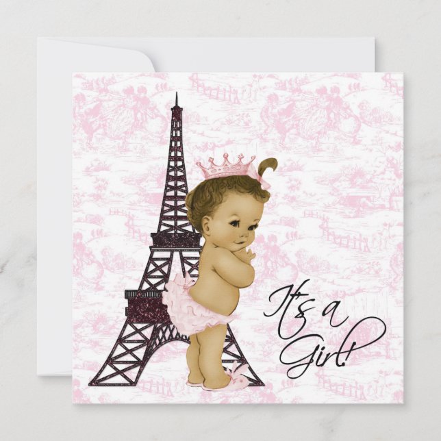 Rosa Vintage Toile Paris Babyflicka Babyshower Inbjudningar (Framsida)