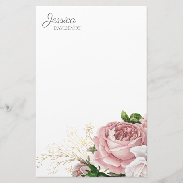 Rosa Vintage Vattenfärg Blommor Brevpapper (Framsida)