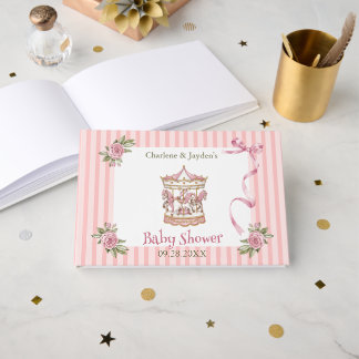 Rosa vintage vattenfärg häst karusell baby shower gästböcker