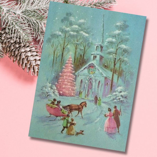 Rosa Vintage Vinterjulkyrka Julkort (Skapare uppladdad)
