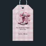 Rosa Vintage Western Cowgirl Bachelorette Party Presentetikett<br><div class="desc">Rosa Vintage Western Cowgirl Bachelorette Party Gift Märkres Giddy, glam squad! Lägg till den perfekt som avslutar beröring till din bachelorette-fest med dessa Rosa Vintage Westerna Cowgirl Gift-Märkre - den sötaste lilla detaljen till din "Brides Last Ride". De här märkrna har mjuka rosor, westernt typsnitt och chic med cowgirl-grafik, och...</div>