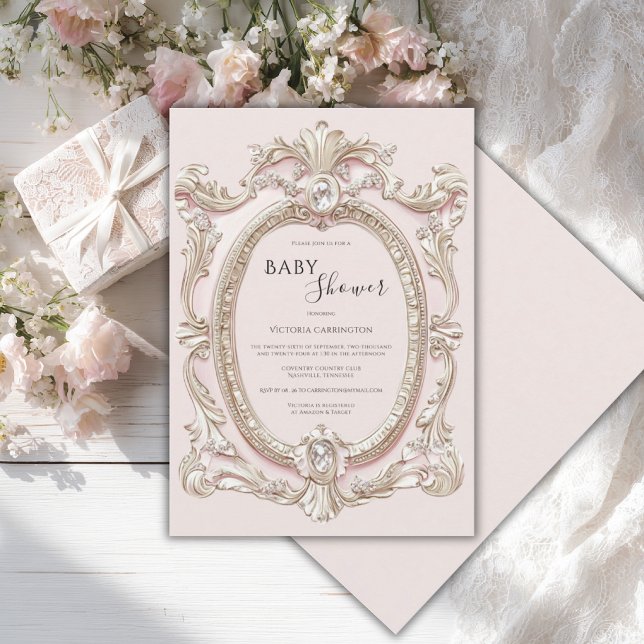 Rosa Vintage Whimsisk Elegant Bebis Bebis-fest Inbjudningar (Skapare uppladdad)