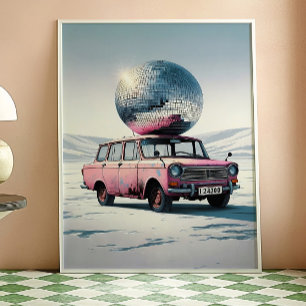 Rosa Vintagebil med Disco Boll Konsttryck Poster