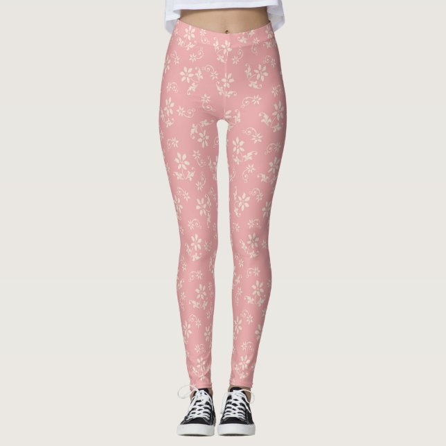 Rosa vintageblommigtdamasker leggings (Framsida)