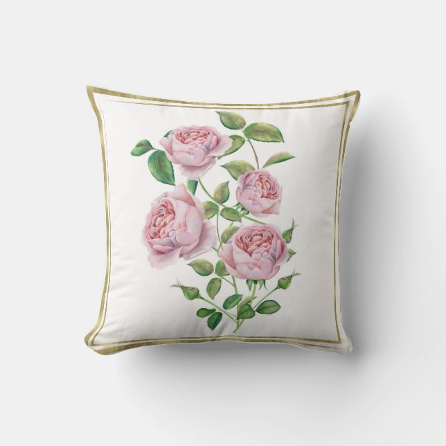 Rosa vintageblommor Botaniska gröna blad Guld Kudde (Framsida)
