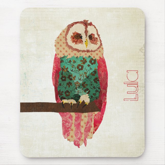 Rosa vintageuggla Mousepad Musmatta (Framsidan)