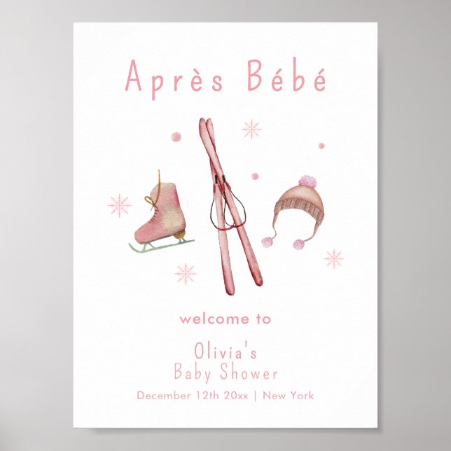 Rosa Vinter Après Bébé Skid Baby Shower Välkomstsk Poster (Framsidan)